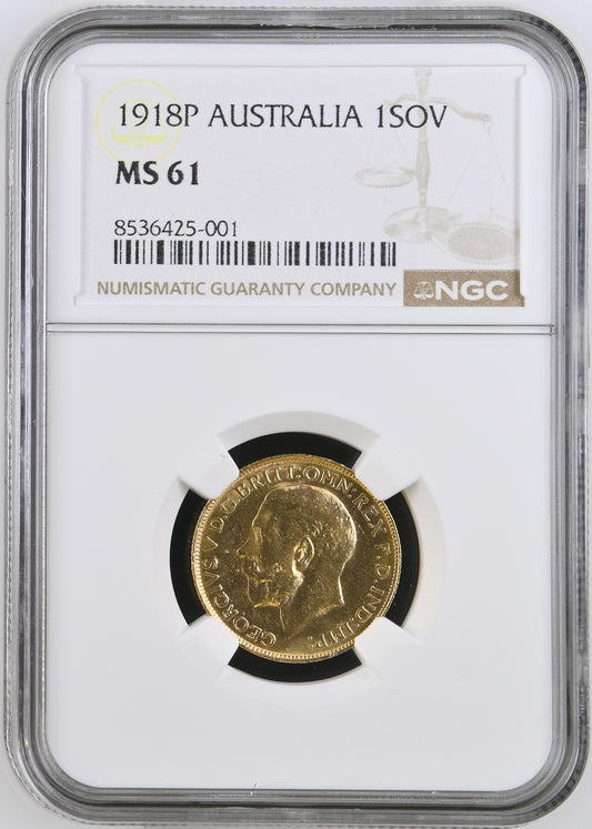 MS61 NGC | 1918 Gold Sovereign Coin - George V - Rare: Perth Mint