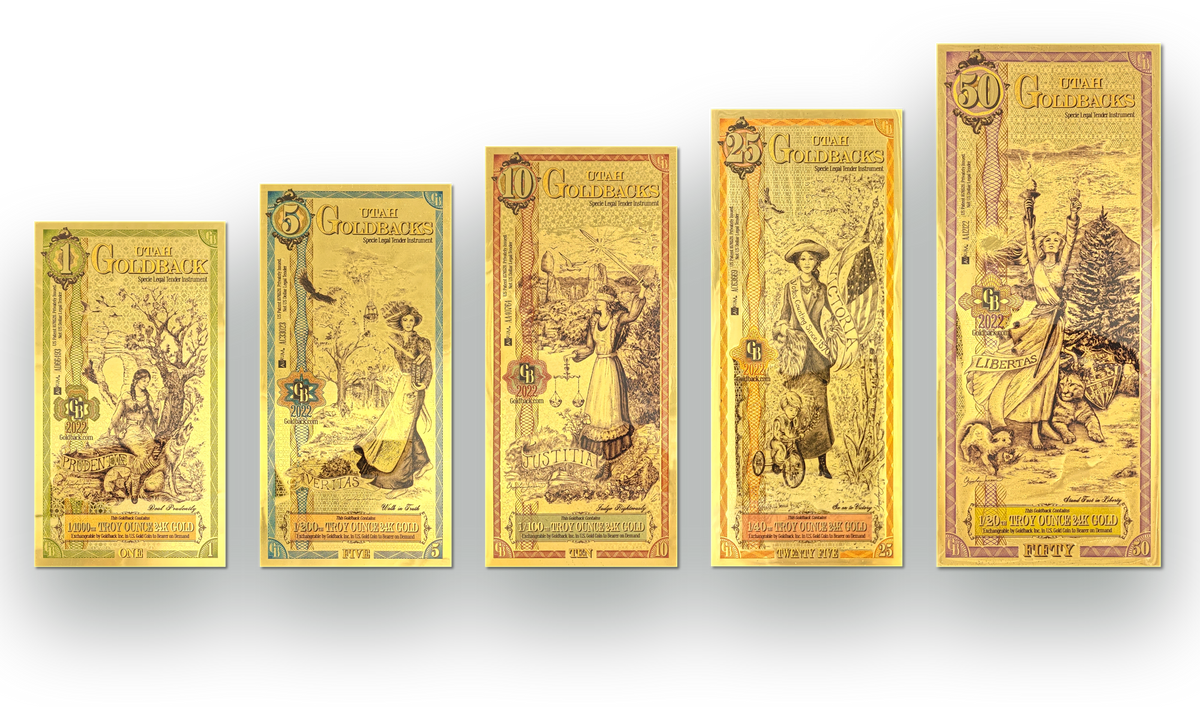 Utah Goldbacks in 1, 5, 10, 25 and 50 denominations