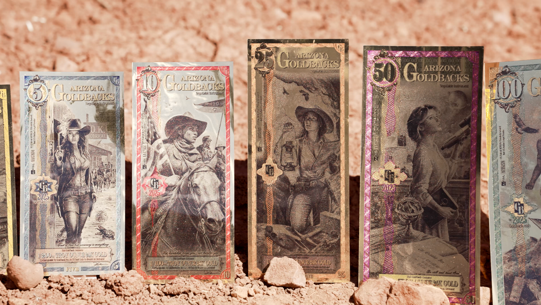 A group of Arizona Goldback notes showing the series artwork
