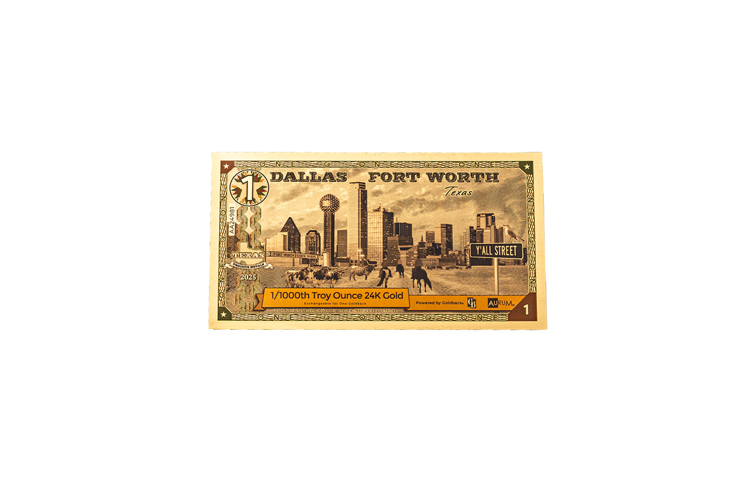 Front of the Dallas Fort Worth Texas Goldback note