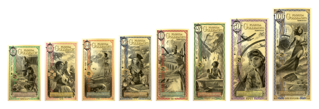A group line-up of Florida Goldback notes