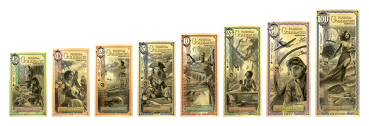 A group line-up of Florida Goldback notes
