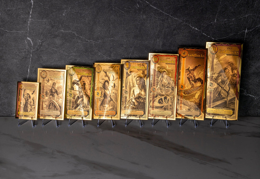 Utah Goldback notes from the refreshed series in a studio group shot