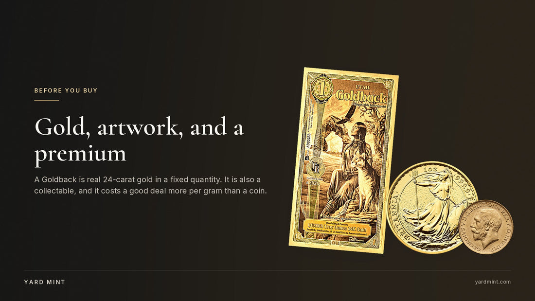 A 1 Utah Goldback standing beside a one-ounce gold Britannia and a gold Sovereign in warm light on a dark ground