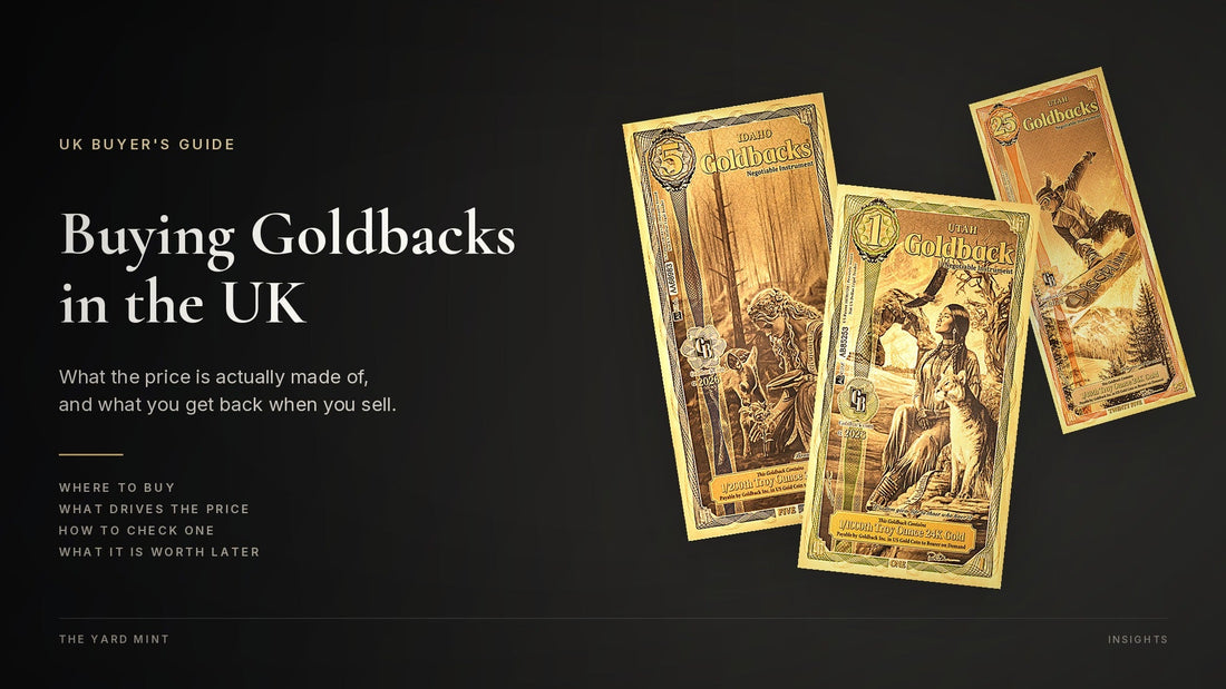 Three real Goldback notes on a dark ground beside the words Buying Goldbacks in the UK