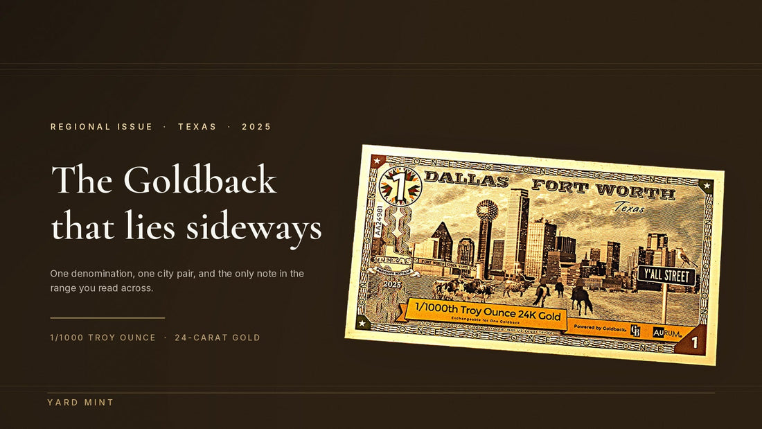 The 1 Dallas Fort Worth Texas Goldback lying flat in landscape orientation on a dark warm ground