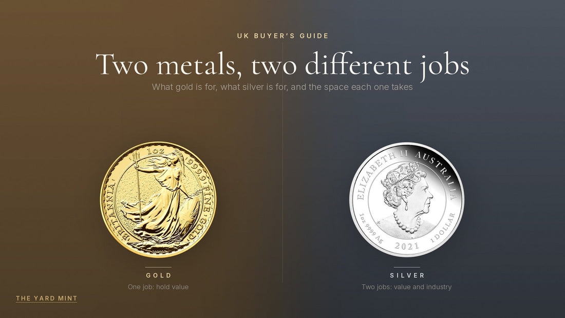 A one-ounce gold Britannia on a warm dark ground beside a one-ounce silver bullion coin on a cool grey ground, under the words Two metals, two different jobs