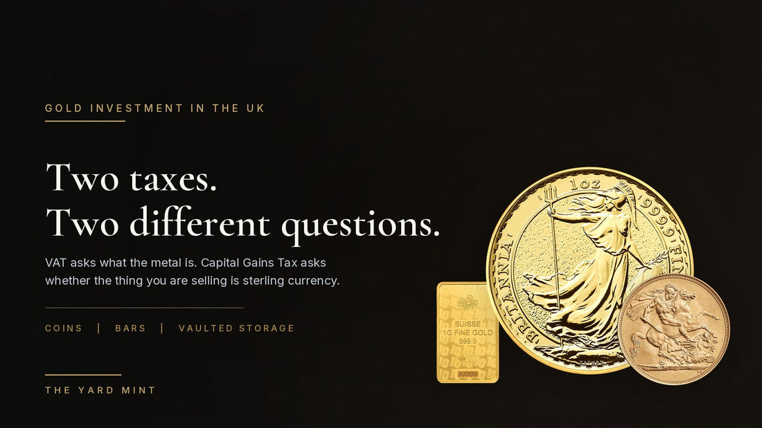 A one-ounce gold Britannia, a one-gram gold bar and a gold Sovereign on a dark ground beside the words Two taxes, two different questions
