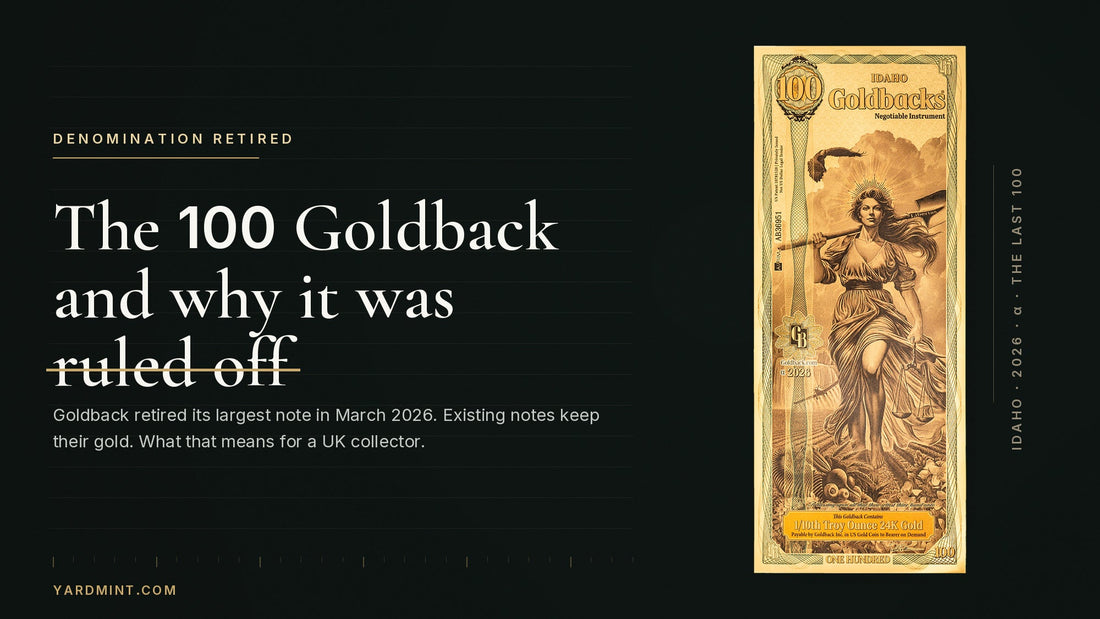 An Idaho 100 Goldback standing beside the words The 100 Goldback and why it was ruled off