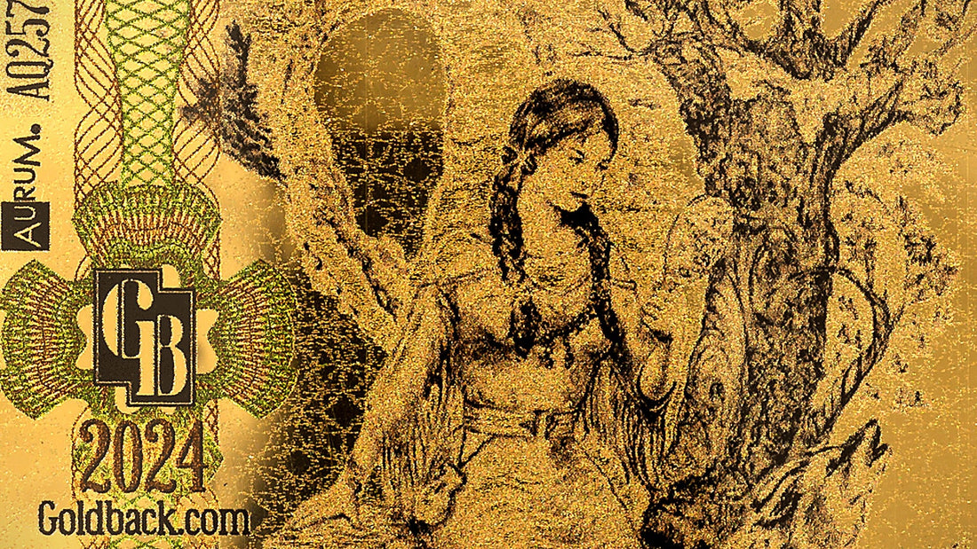 Close-up of Goldback front artwork showing fine engraved line detail in 24-carat gold