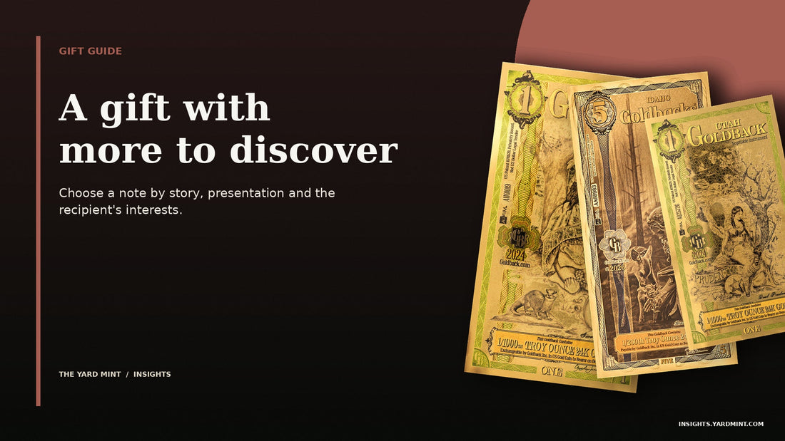 Three real Goldback notes presented as an editorial gift selection