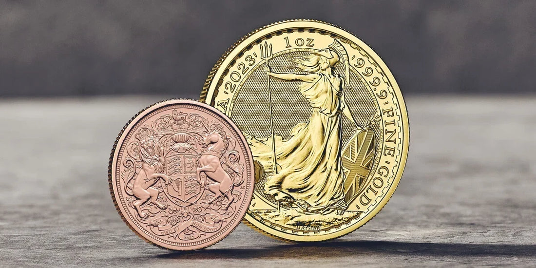 Gold Sovereign and gold Britannia coins shown side by side