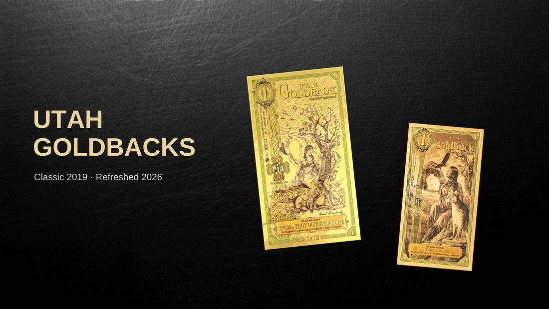 Classic 2019 and refreshed 2026 Alpha 1 Utah Goldback notes side by side on dark slate