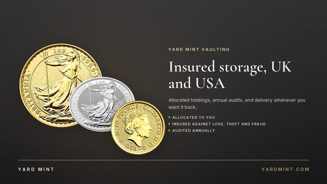 A one ounce gold Britannia, a one ounce silver Britannia and a tenth ounce gold Britannia arranged on a dark ground beside the words insured storage, UK and USA, with the terms allocated, insured and audited annually listed alongside.