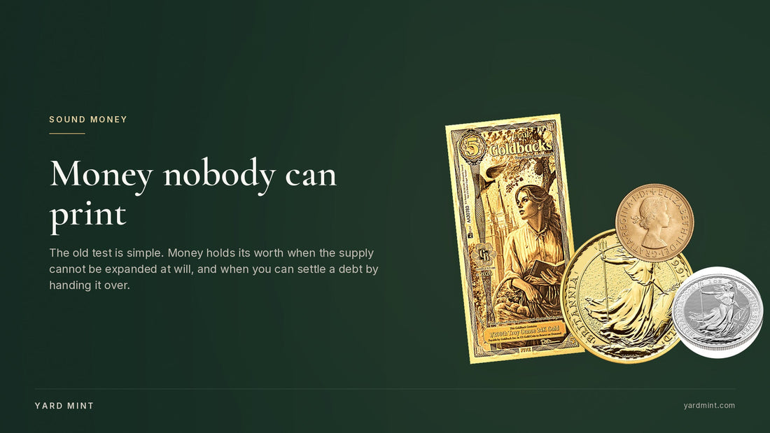 A 5 Utah Goldback, a gold Britannia, a gold Sovereign and a silver Britannia on a deep green ground beside the words Money nobody can print