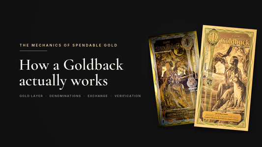 Utah Goldback shown front and reverse on a dark ground with the title How a Goldback actually works