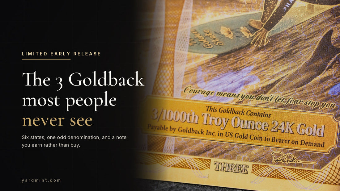 Macro photograph of a California 3 Limited Early Release Goldback showing the words three one-thousandth troy ounce 24K gold