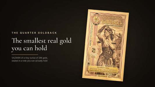 Quarter Idaho Goldback note in a pool of warm light with the headline The smallest real gold you can hold