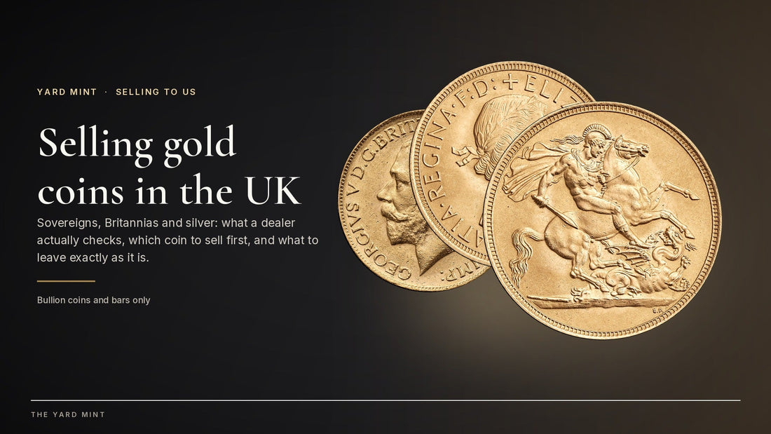 Three gold Sovereign faces on a dark ground beside the headline Selling gold coins in the UK