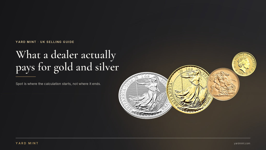 A one-ounce silver Britannia, a one-ounce gold Britannia, a gold Sovereign and a tenth-ounce gold Britannia arranged in a rising line on a dark counter, shown at differing scales