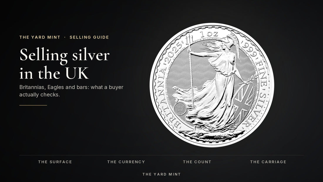 A one-ounce silver Britannia coin lit against a dark ground, beside the words Selling silver in the UK