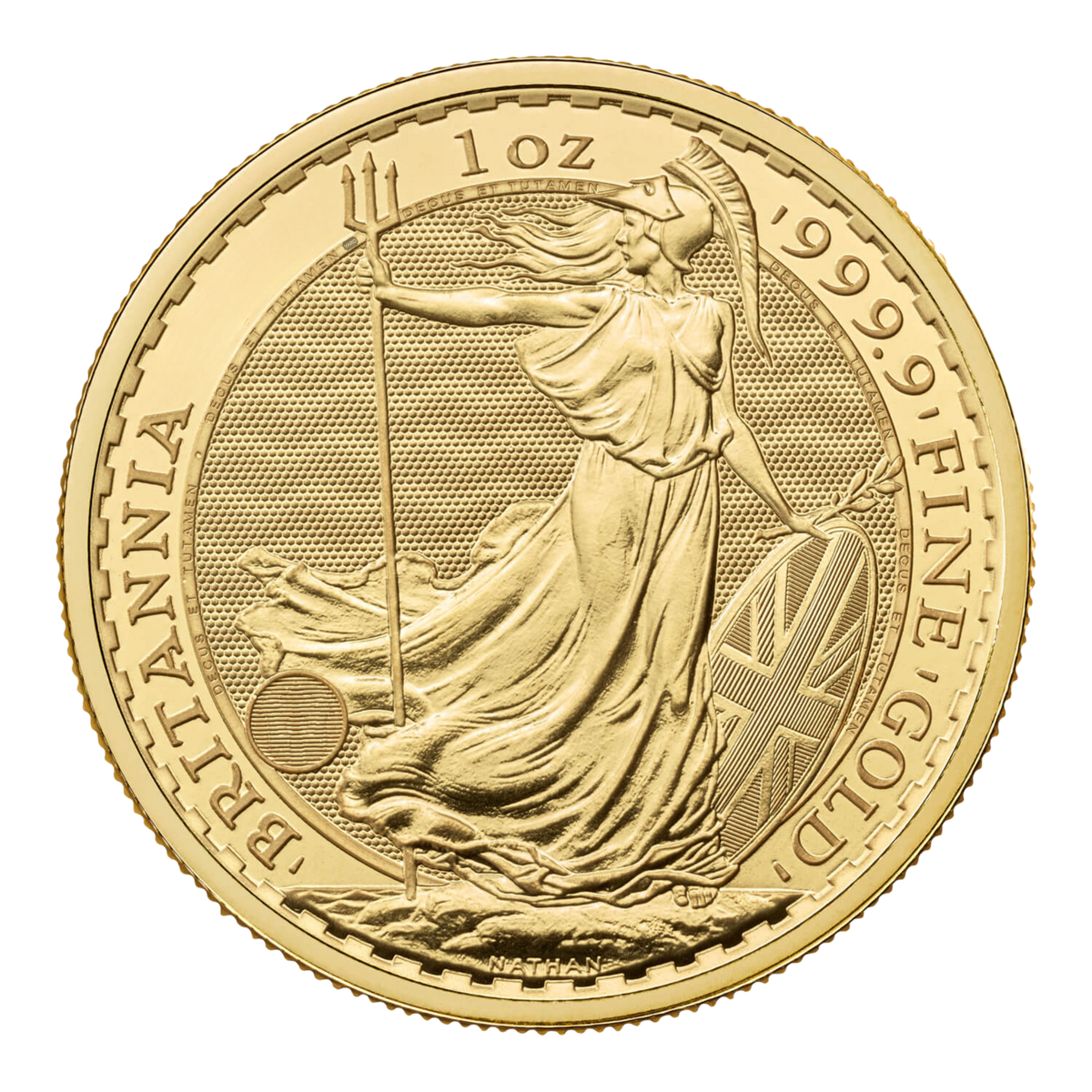 1 oz gold Britannia coin showing Britannia with trident and shield