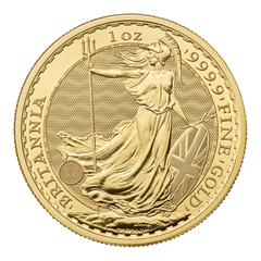 1 oz gold Britannia coin showing Britannia with trident and shield