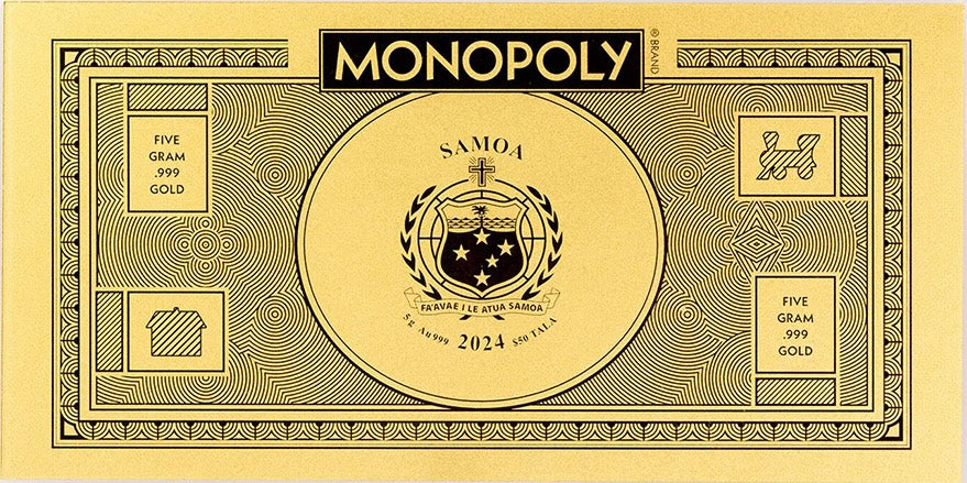 2024 Samoa Monopoly Currency Set - 5g Gold, 1g Gold, 5g Silver Notes & Royal Mint 50p Proof Coin
