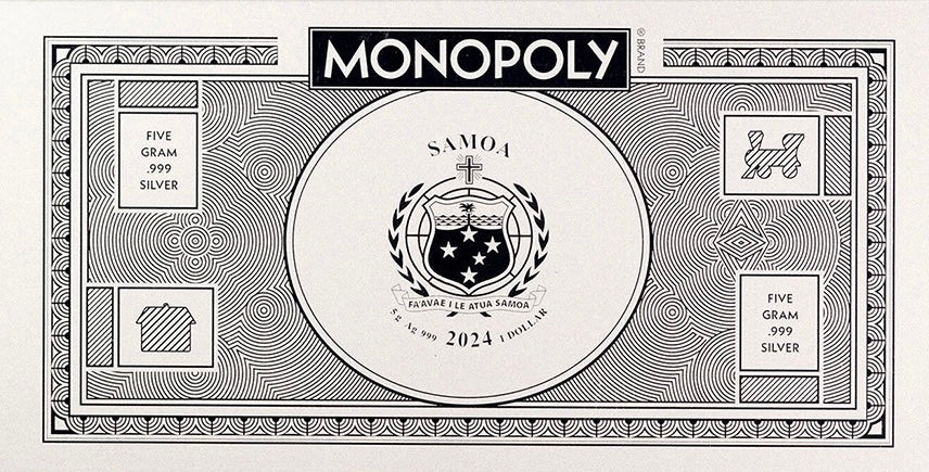 2024 Samoa Monopoly Currency Set - 5g Gold, 1g Gold, 5g Silver Notes & Royal Mint 50p Proof Coin