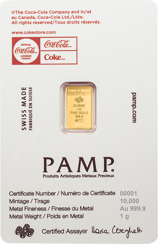 PAMP Suisse 2025 1g Gold Bar Coca-Cola Love Edition (In Assay)