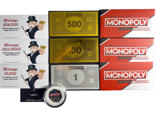 2024 Samoa Monopoly Currency Set - 5g Gold, 1g Gold, 5g Silver Notes & Royal Mint 50p Proof Coin