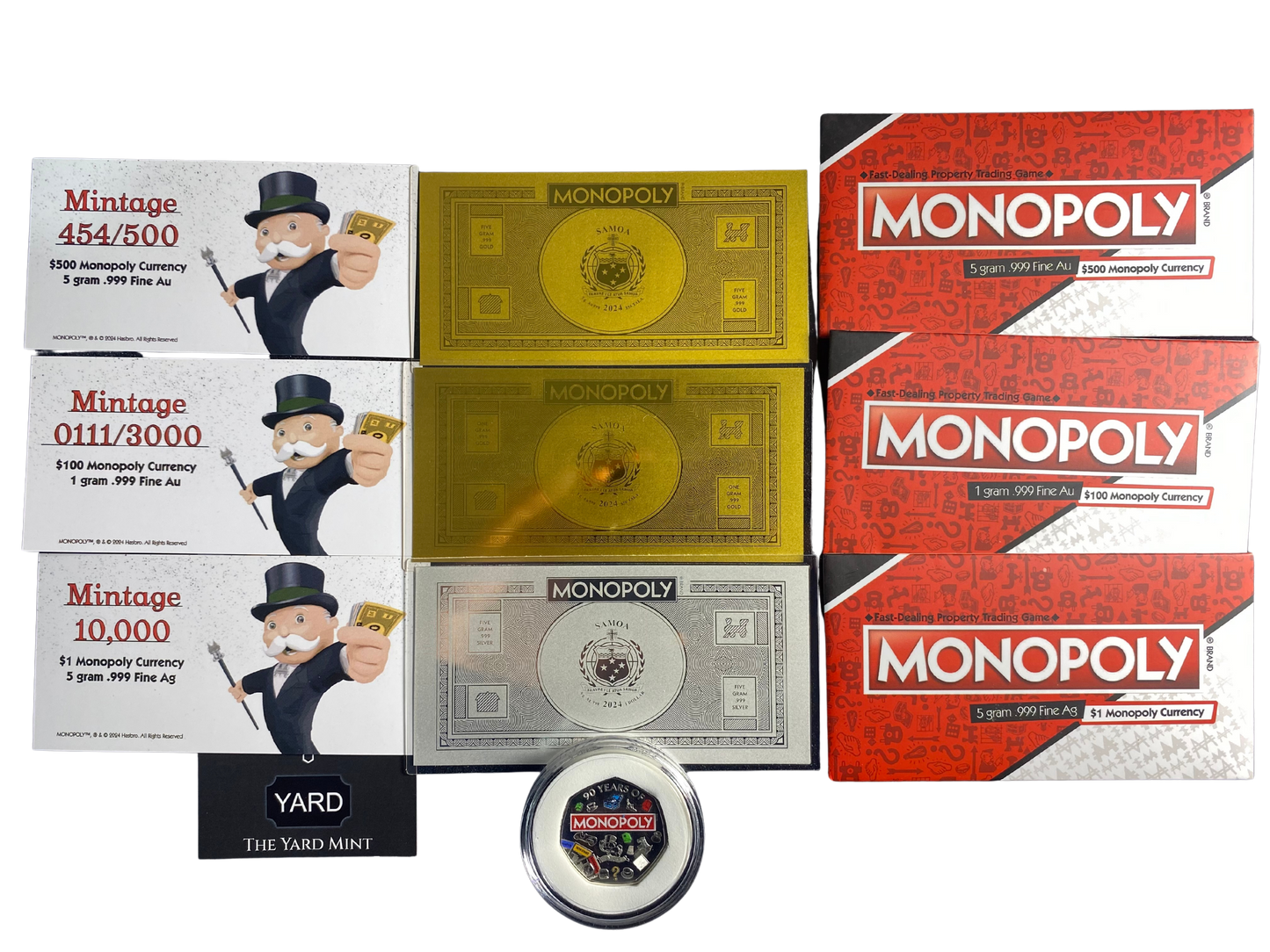 2024 Samoa Monopoly Currency Set - 5g Gold, 1g Gold, 5g Silver Notes & Royal Mint 50p Proof Coin