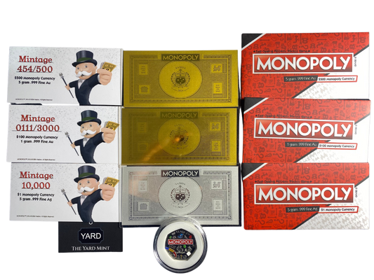 2024 Samoa Monopoly Currency Set - 5g Gold, 1g Gold, 5g Silver Notes & Royal Mint 50p Proof Coin