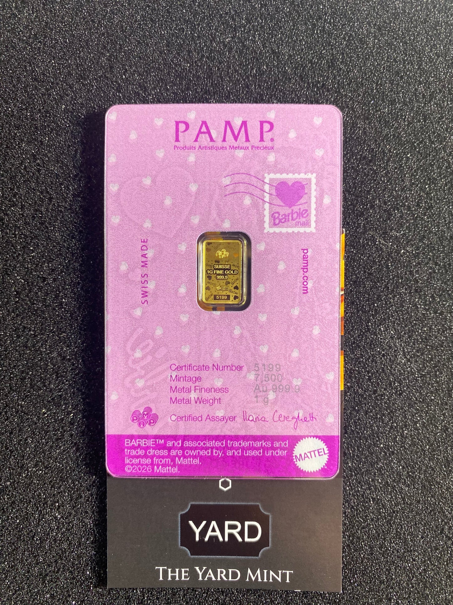 PAMP Suisse 2025 1g Gold Bar Barbie Valentine’s Day (In Assay)