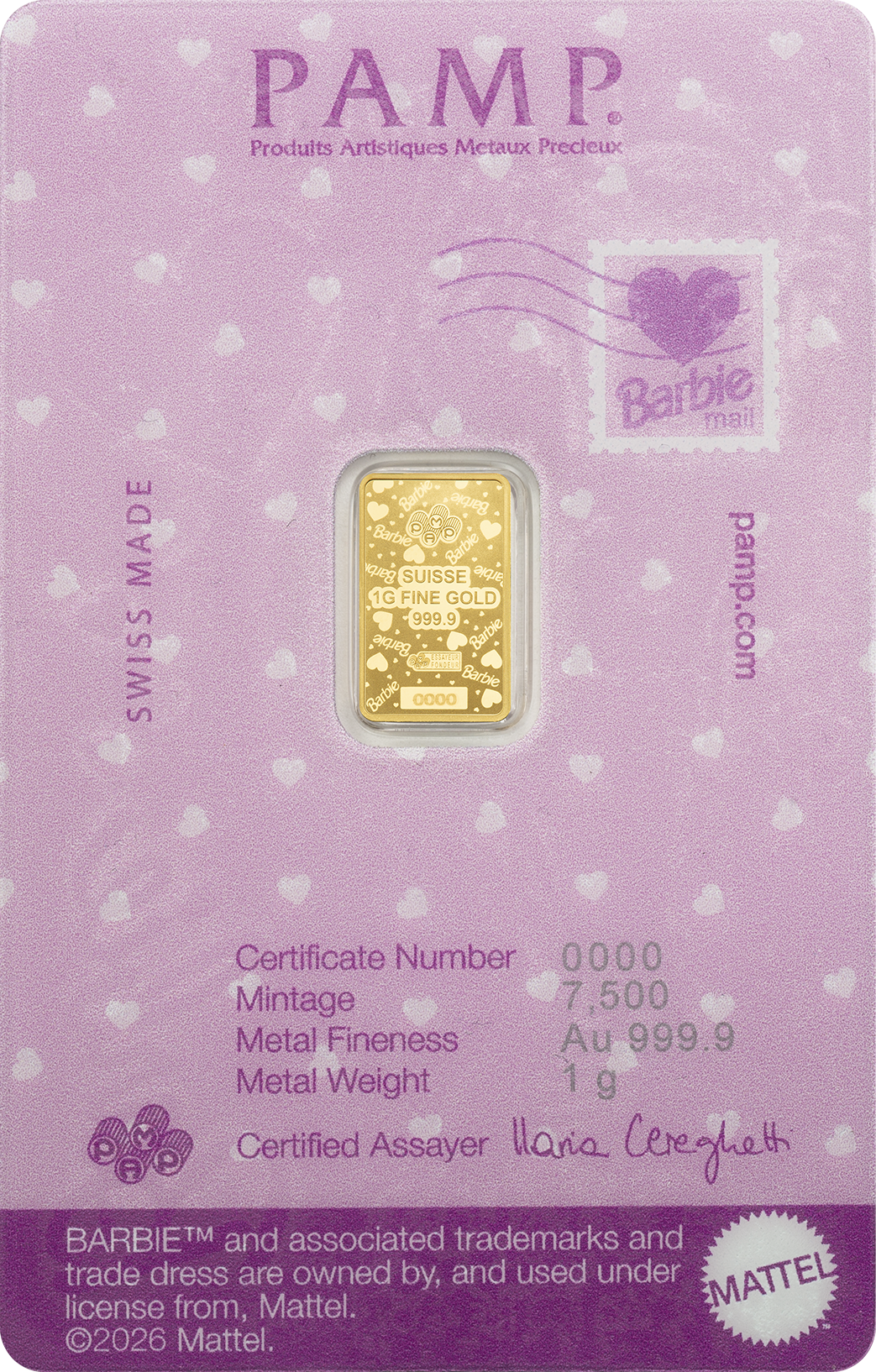 PAMP Suisse 2025 1g Gold Bar Barbie Valentine’s Day (In Assay)