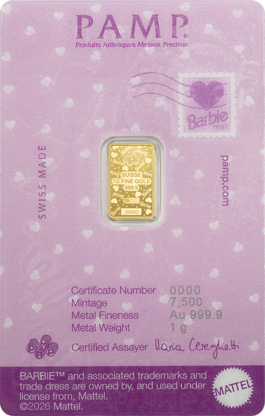 PAMP Suisse 2025 1g Gold Bar Barbie Valentine’s Day (In Assay)