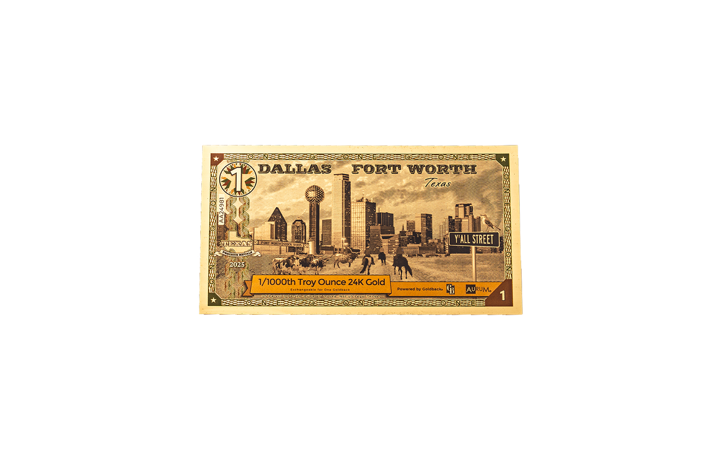 1 Dallas Fort Worth Texas Goldback | Aurum Gold Foil Note (24k)