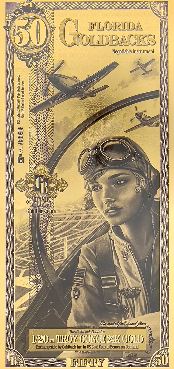 A novelty vegetable instrument designed to look like a vintage 1925 Florida Goldbacks 50 dollar bill, featuring sepia-toned illustrations of early airplanes and a female aviator with goggles.
