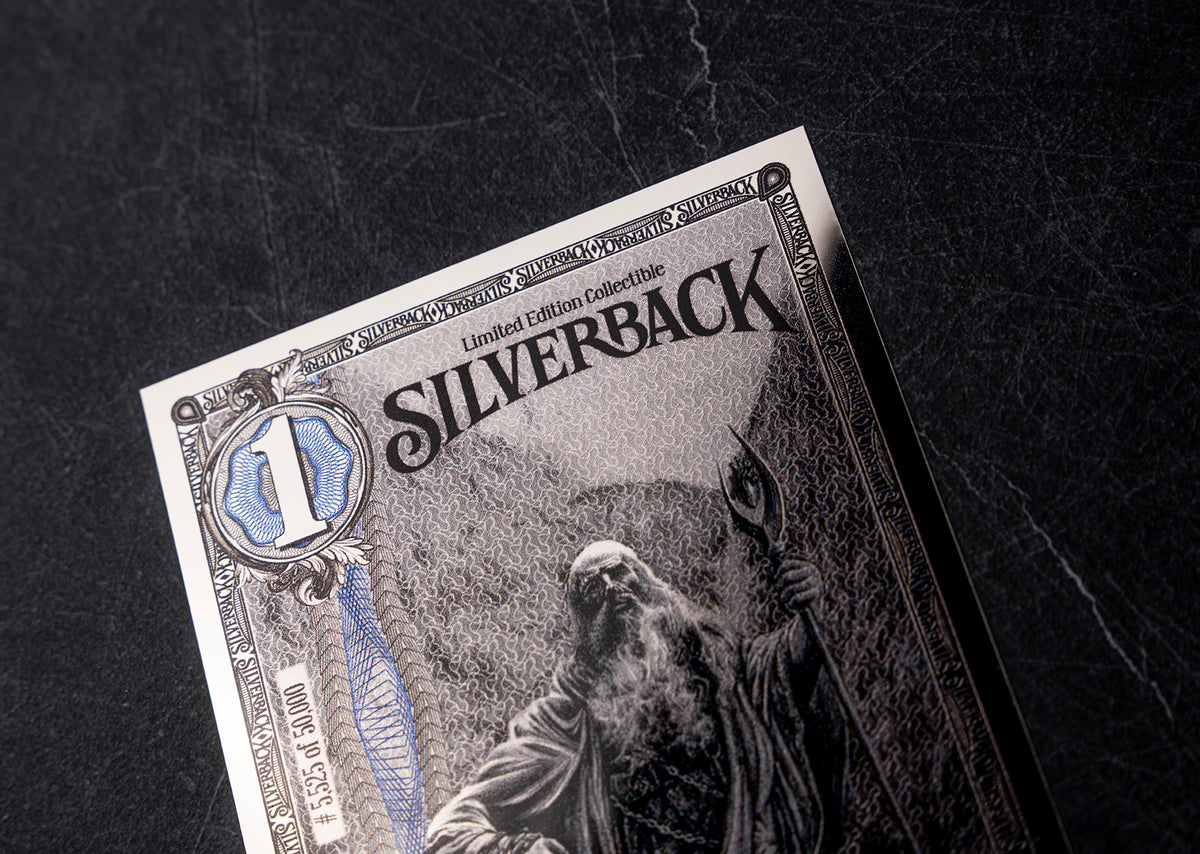 Close-up of a 1 Silverback silver note from the 2025 Legends of Olympus series, showing Hades
