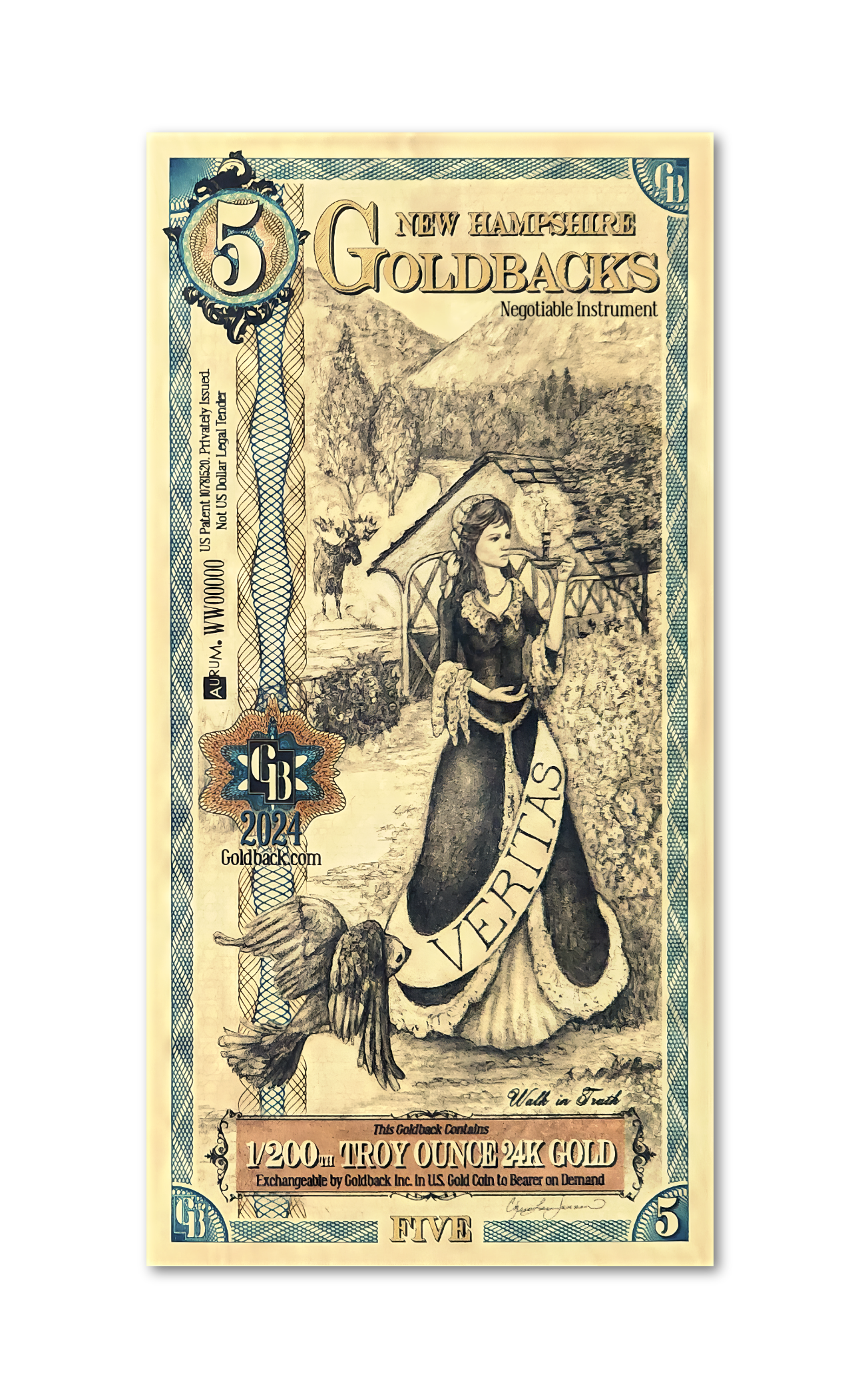 5 New Hampshire Goldback | Aurum Gold Foil Note (24k)