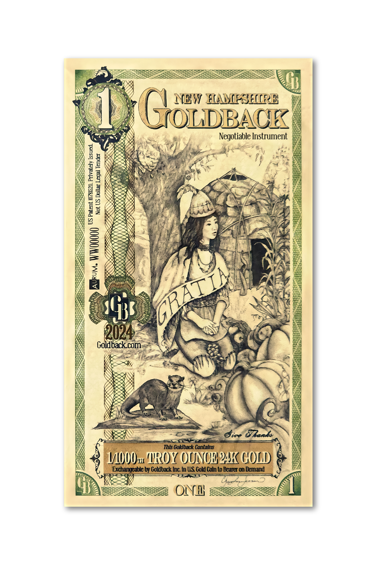 1 New Hampshire Goldback | Aurum Gold Foil Note (24k)