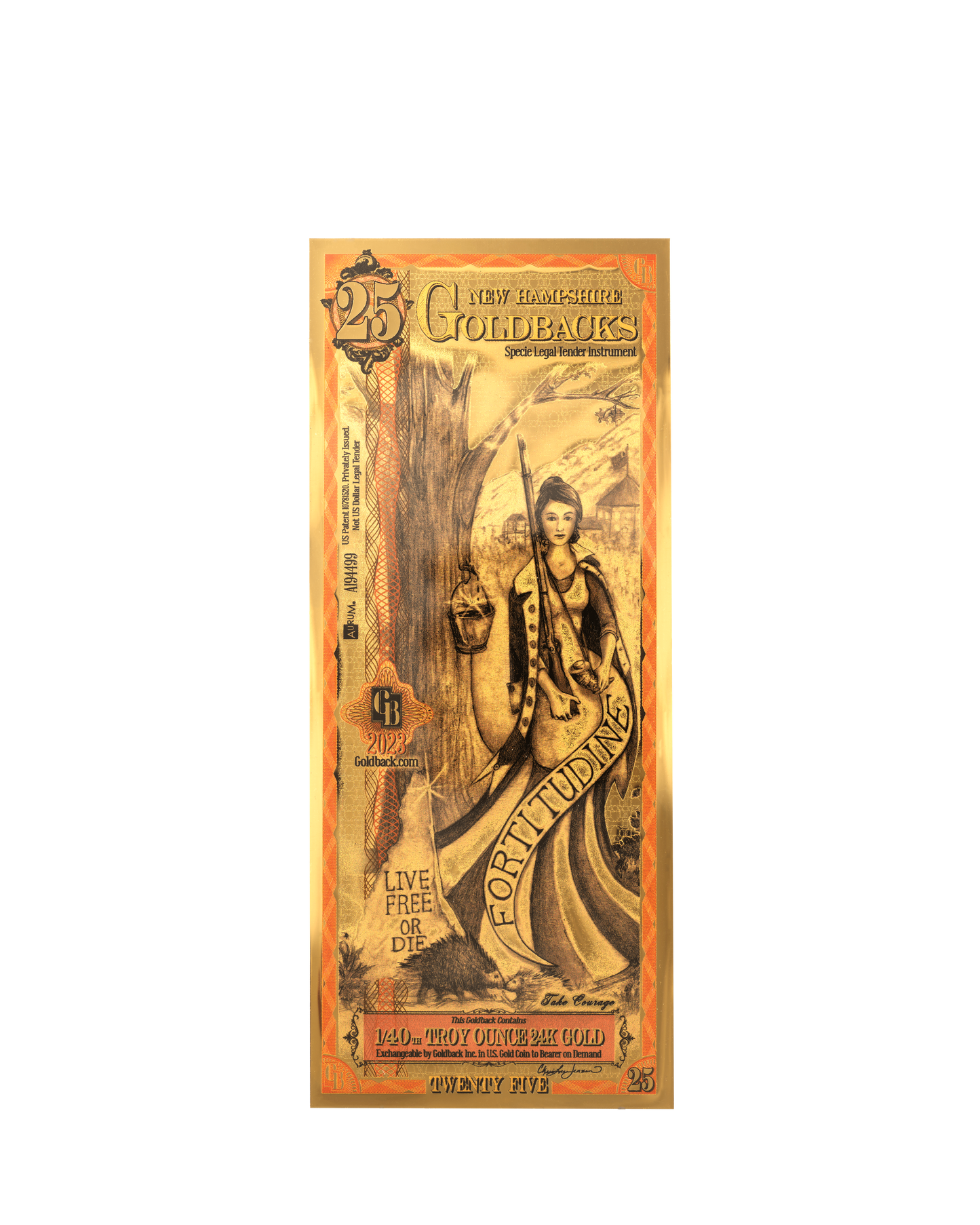 25 New Hampshire Goldback | Aurum Gold Foil Note (24k)