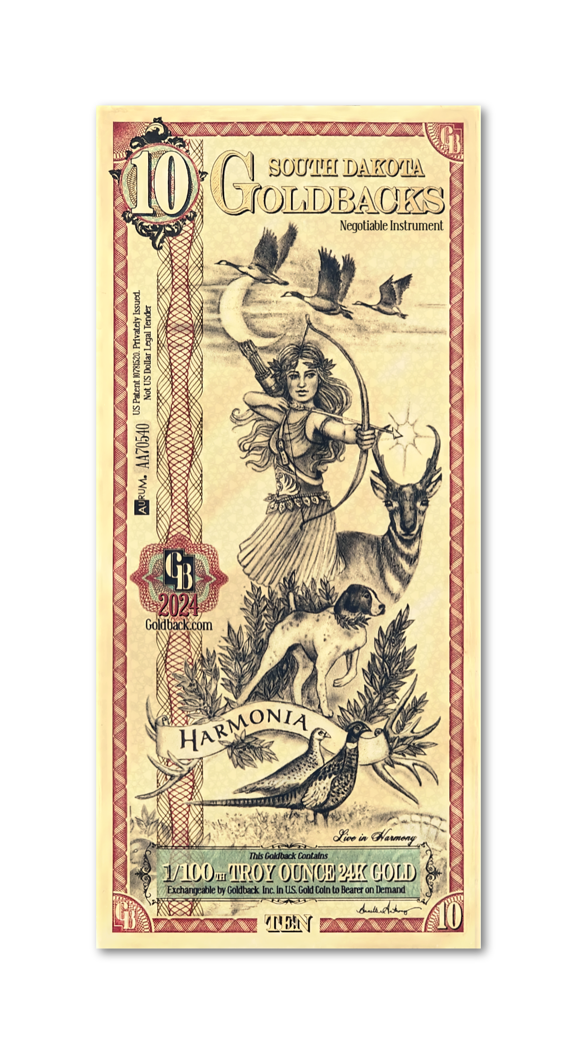 10 South Dakota Goldback | Aurum Gold Foil Note (24k)