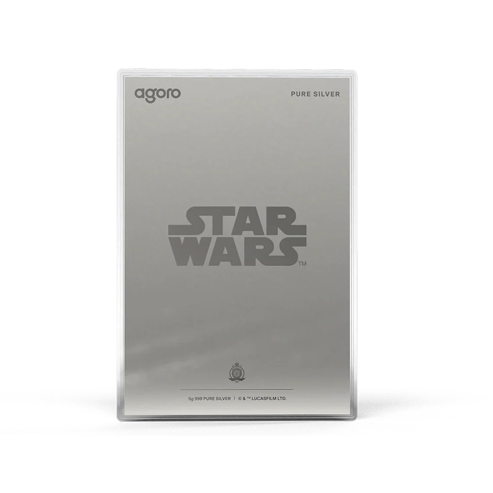 Silver packaging with 'Star Wars' branding on a white background