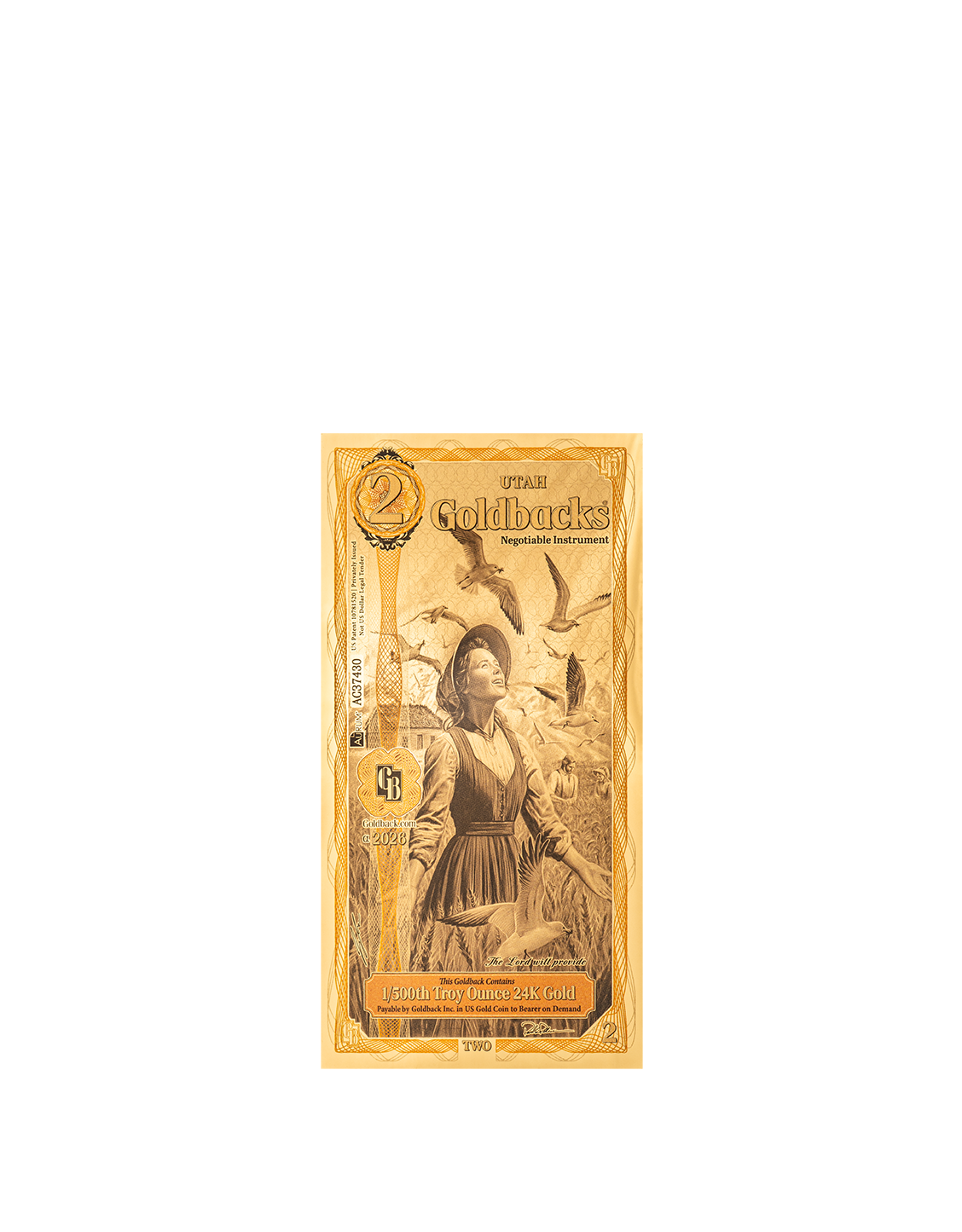 Front of the 2 Utah Goldback showing Gratia and the 1848 Miracle of the Gulls