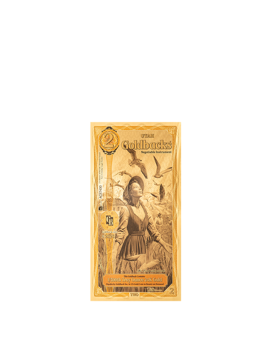 Front of the 2 Utah Goldback showing Gratia and the 1848 Miracle of the Gulls