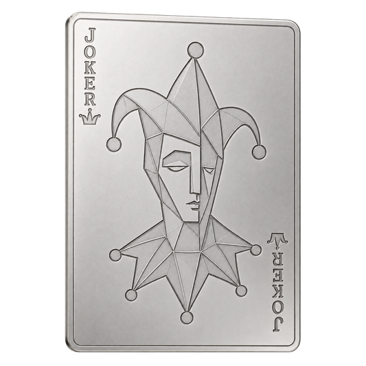 Illustrative engraving concept: geometric Joker artwork on a thin silver card