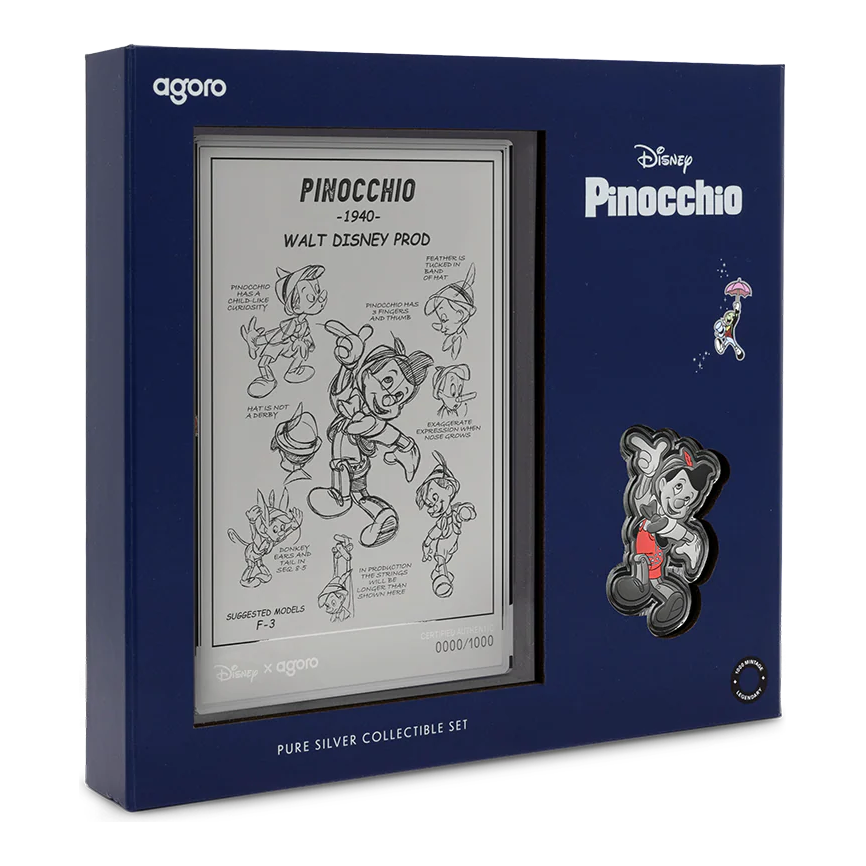 2026 Niue Disney Pinocchio 3/4oz Silver Collectible & 5g Foil Set – set in its Disney Pinocchio presentation box