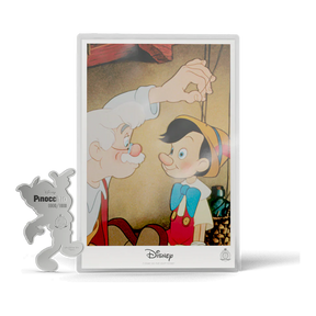 2026 Niue Disney Pinocchio 3/4oz Silver Collectible & 5g Foil Set – silver collectable showing Pinocchio and Geppetto, with the shaped 5g foil