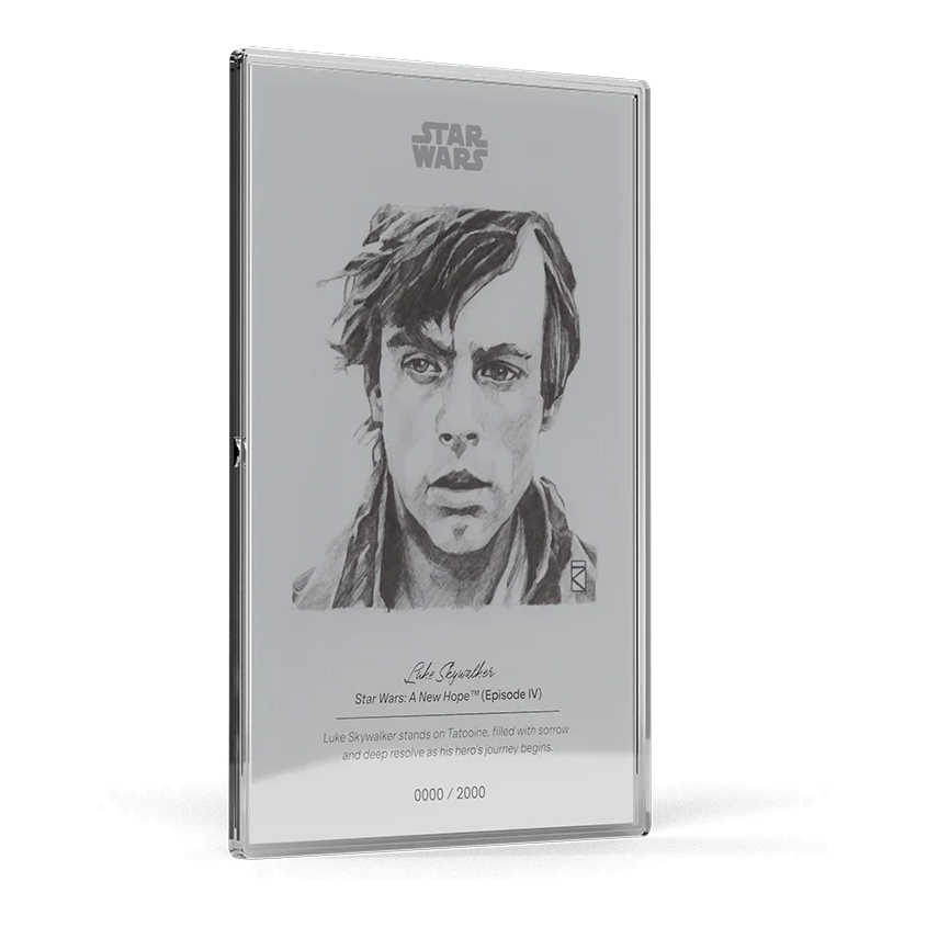 2026 Niue Star Wars Luke Skywalker 5g Silver Foil – angled view of the foil in its frame